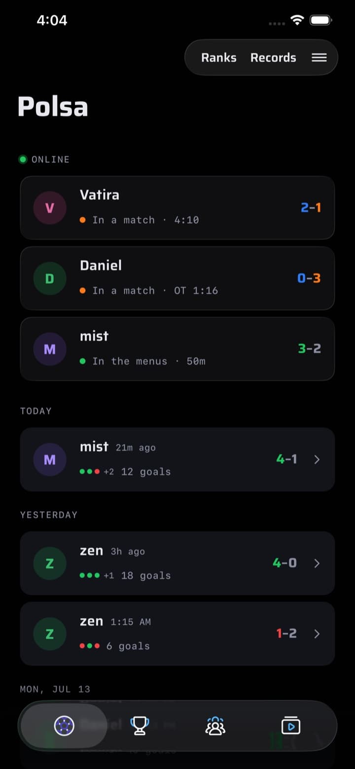 Polsa feed screen: Your friends, live
