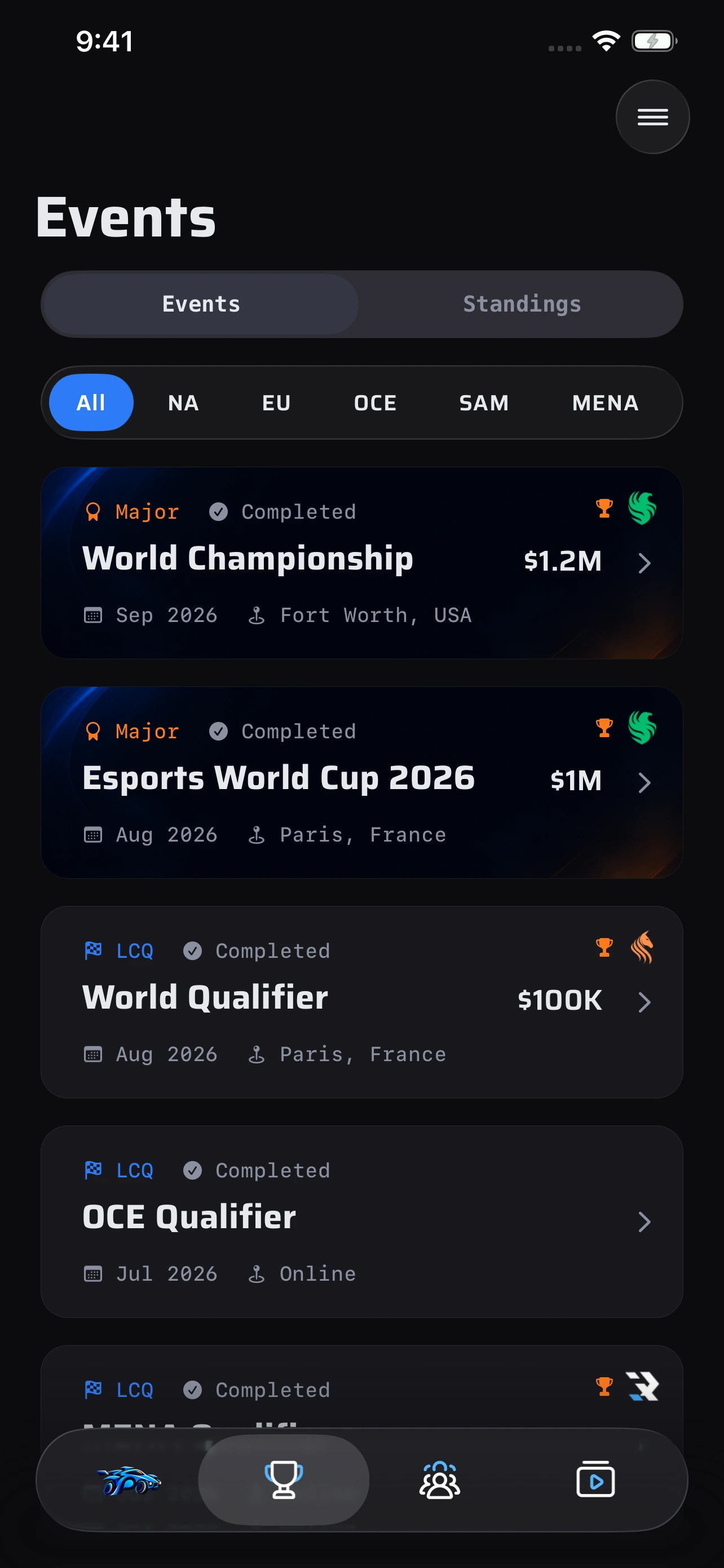 Polsa events screen: Events