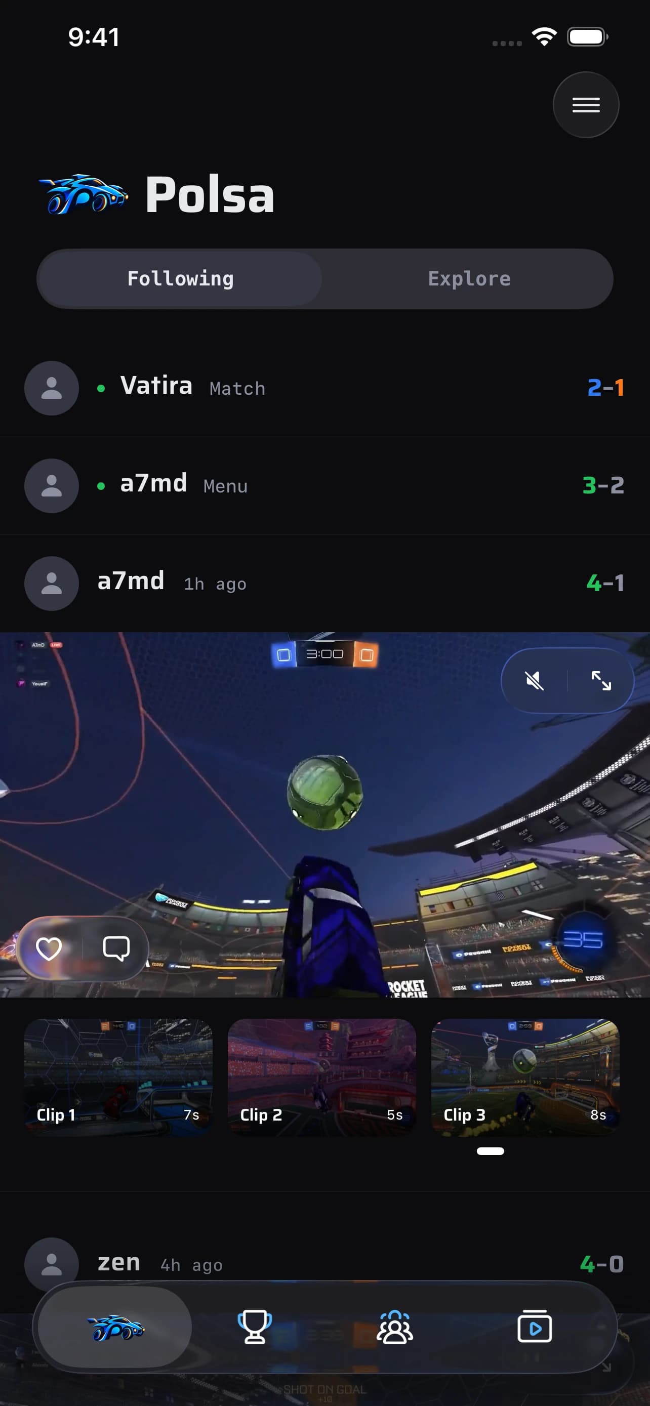 Polsa feed showing friends in live matches and their session clips