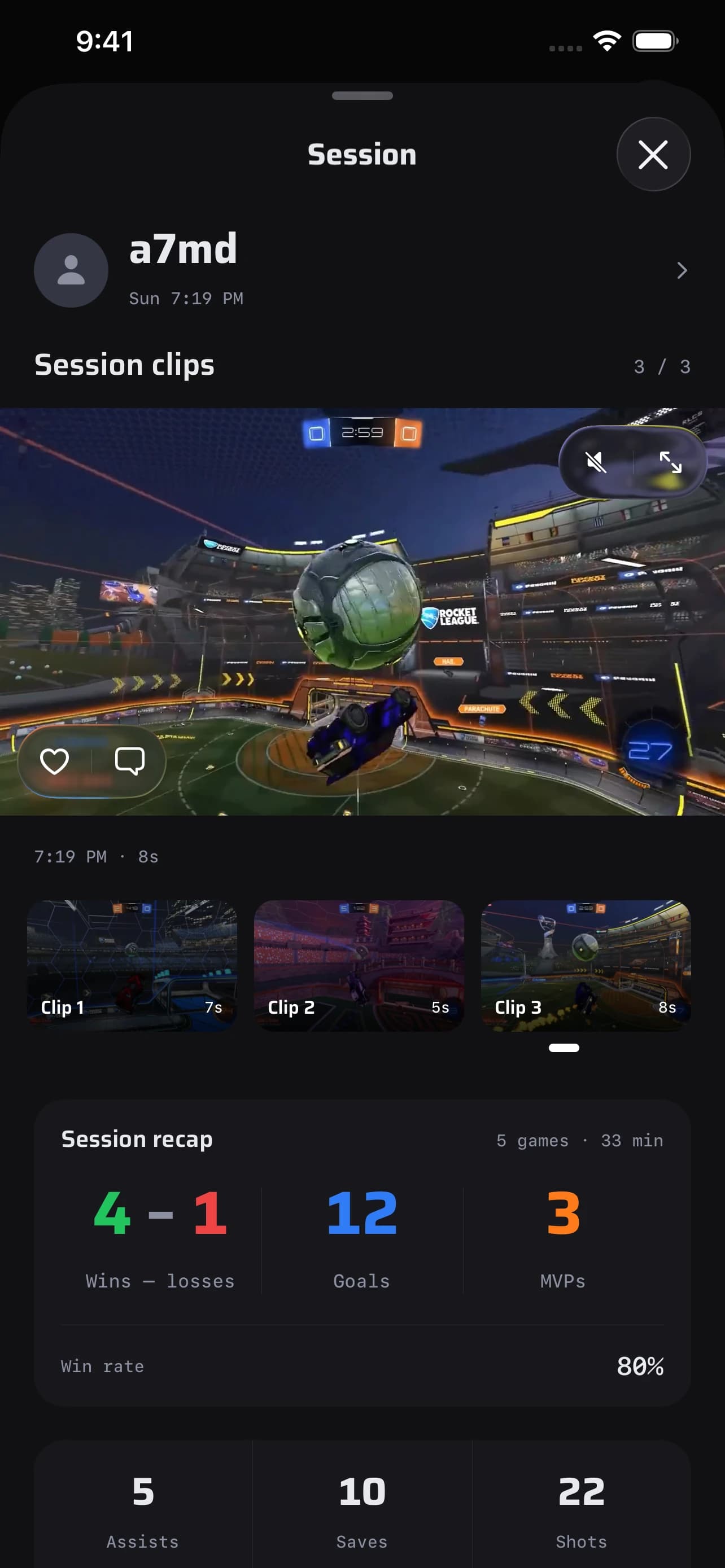 Polsa demo session featuring a7md’s clips and example session statistics