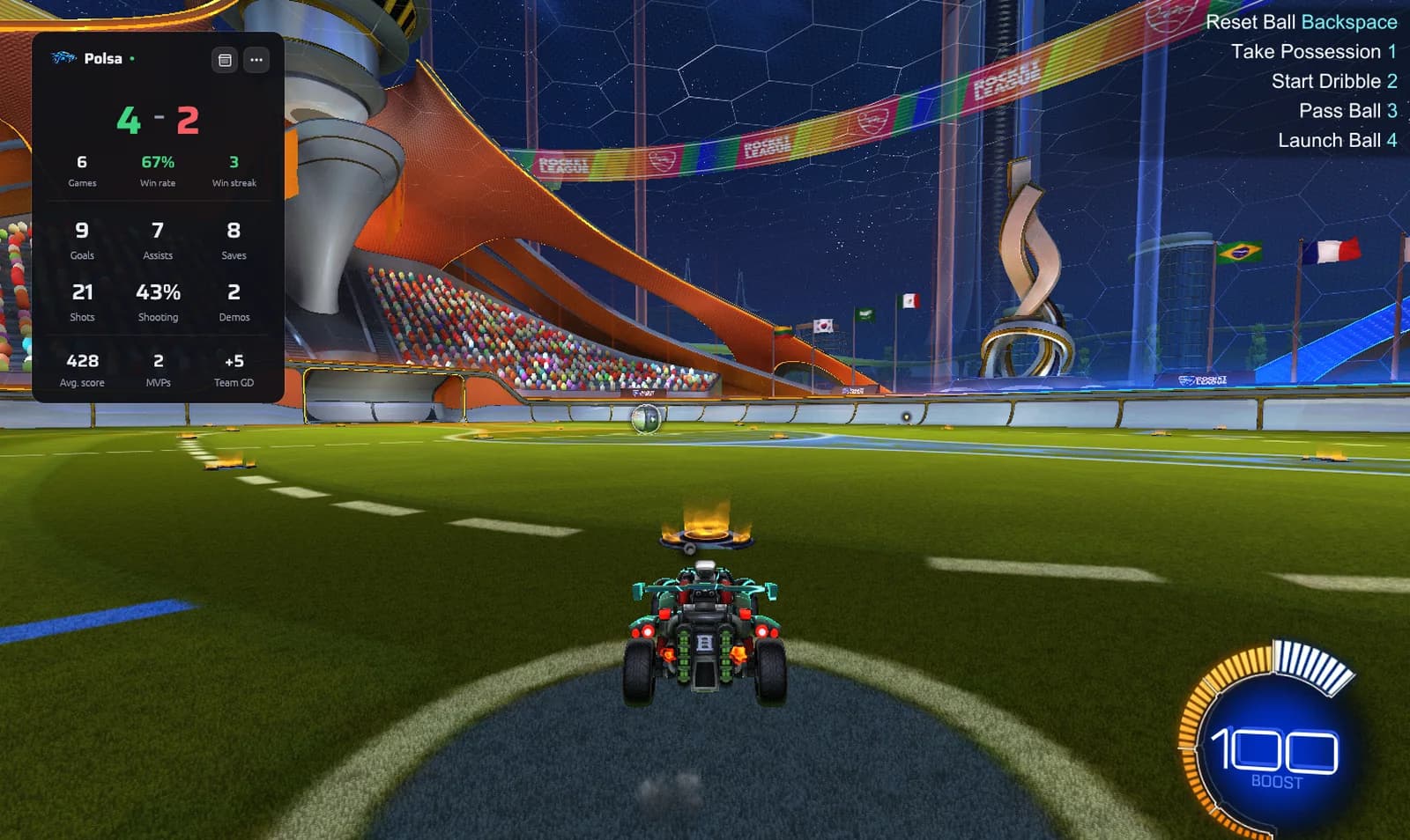 Rocket League with Polsa’s live overlay showing the session’s record and stats